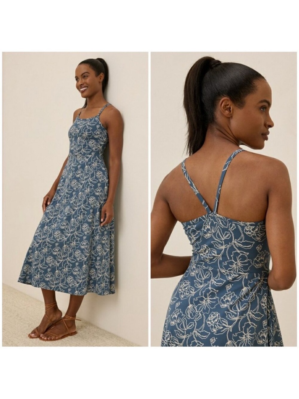 💕PACT💕 Fit & Flare Midi Dress ~ Looking Glass Floral Slate Blue Small S NWOT